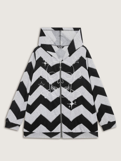 Wavy Stripe Skull Embroidery Zipper Hoodie