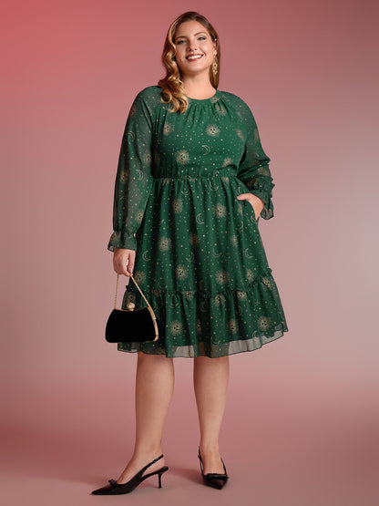 Chiffon Gold Celestial Print Tiered Midi Dress