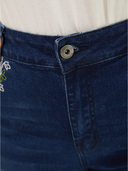 Straight Very Stretchy High Rise Dark Wash Embroidered Trim Jeans