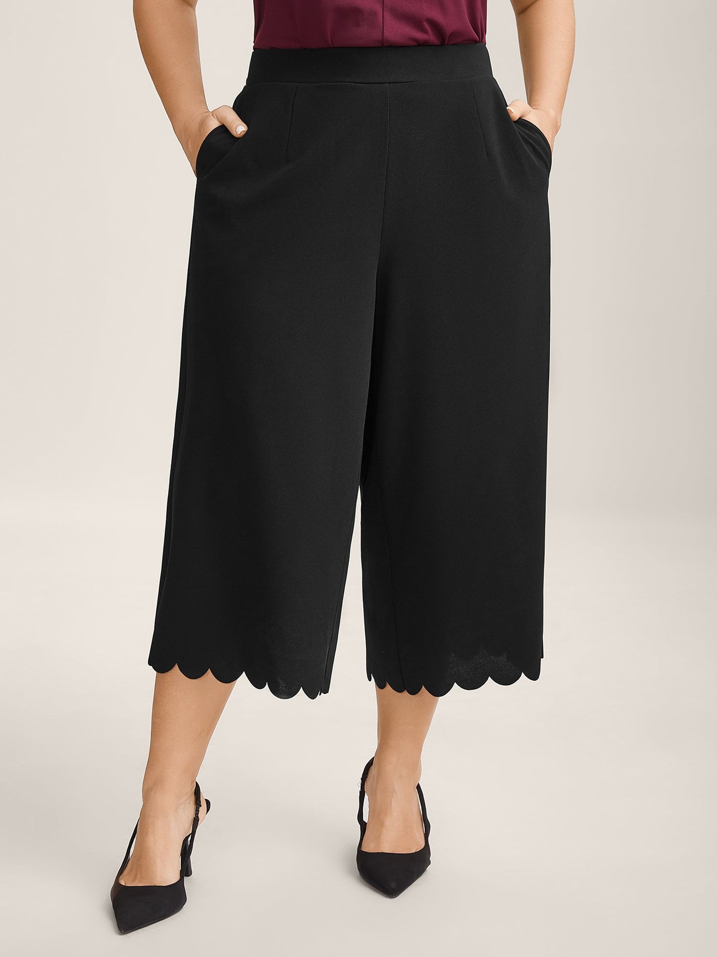Scalloped Hem Wide-Leg Solid Pants