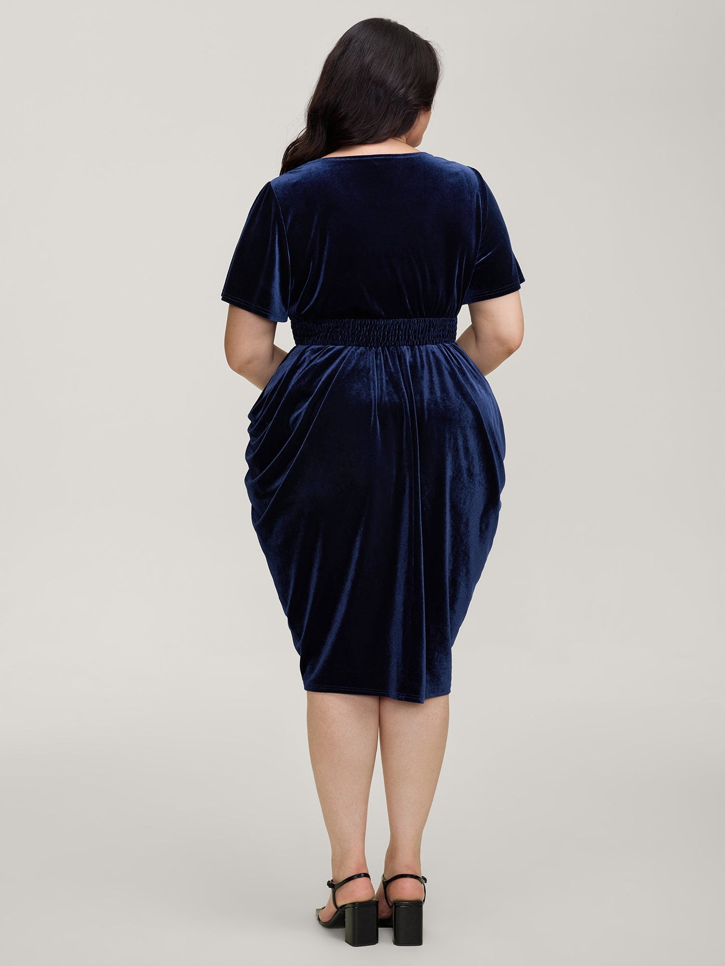 Velvet Shirred Waist Asymmetrical Hem Midi Dress