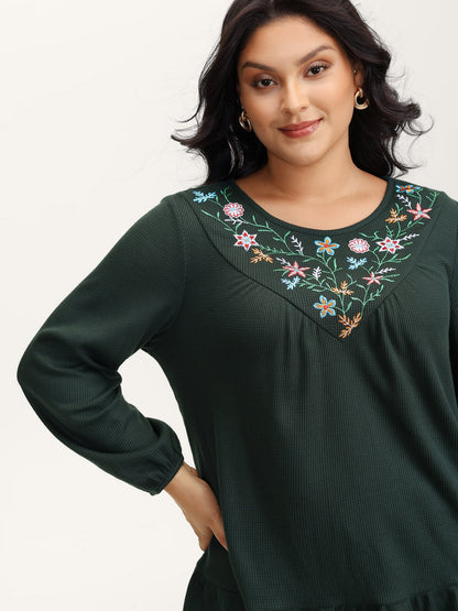 Embroidered Waffle Ruffled Hem Knit Top
