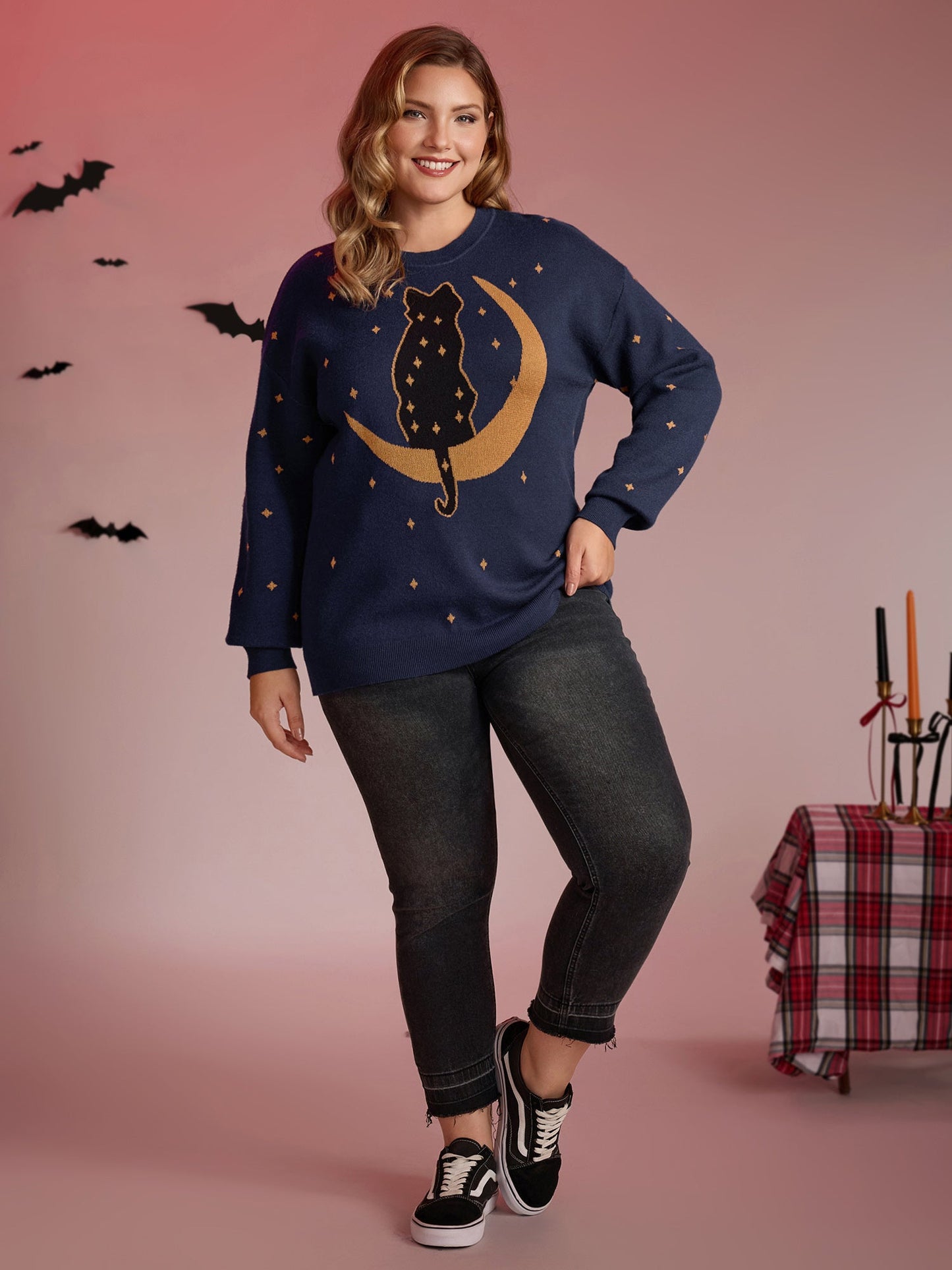 Supersoft Cat Night Print Crewneck Pullover