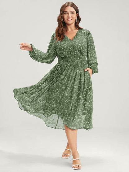 Polka Dot  Lantern Sleeve Pocket Shirred Flutter Dress