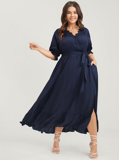 Solid Knotted Pocket Lace Trim Wrap Maxi Dress
