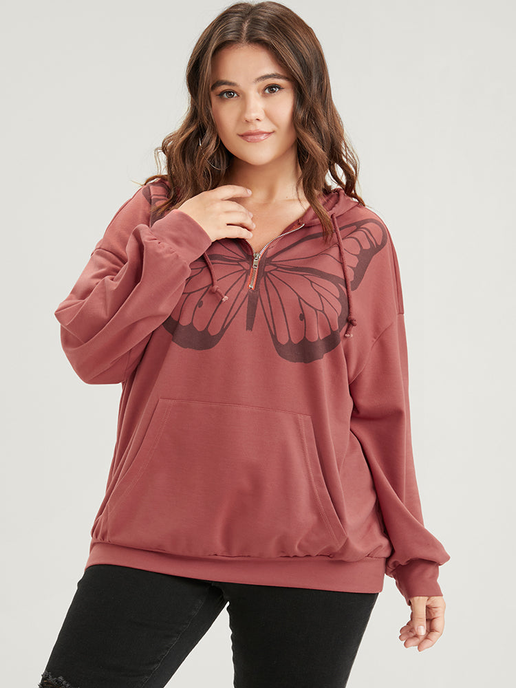 Butterfly Print Half Zipper Drawstring Hooded  Sweatshirt