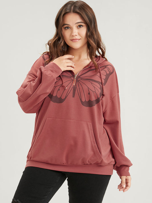 Butterfly Print Half Zipper Drawstring Hooded  Sweatshirt