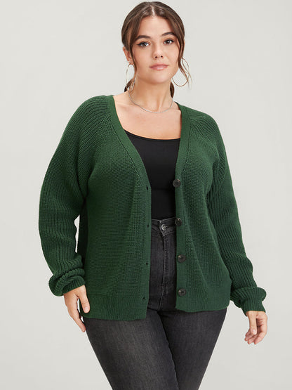 Solid Pointelle Knit Raglan Sleeve Button Front Cardigan