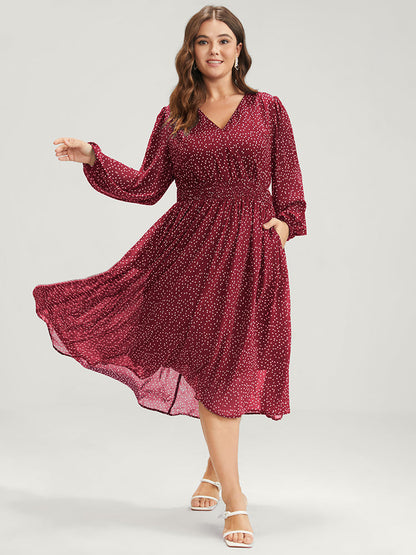 Polka Dot  Lantern Sleeve Pocket Shirred Flutter Dress