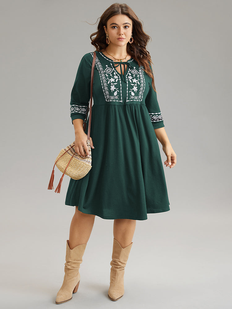 Bandana Embroidered Tie Neck Gathered Dress