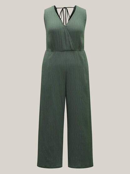 Textured Plain Pockets Wide-Leg Jumpsuit