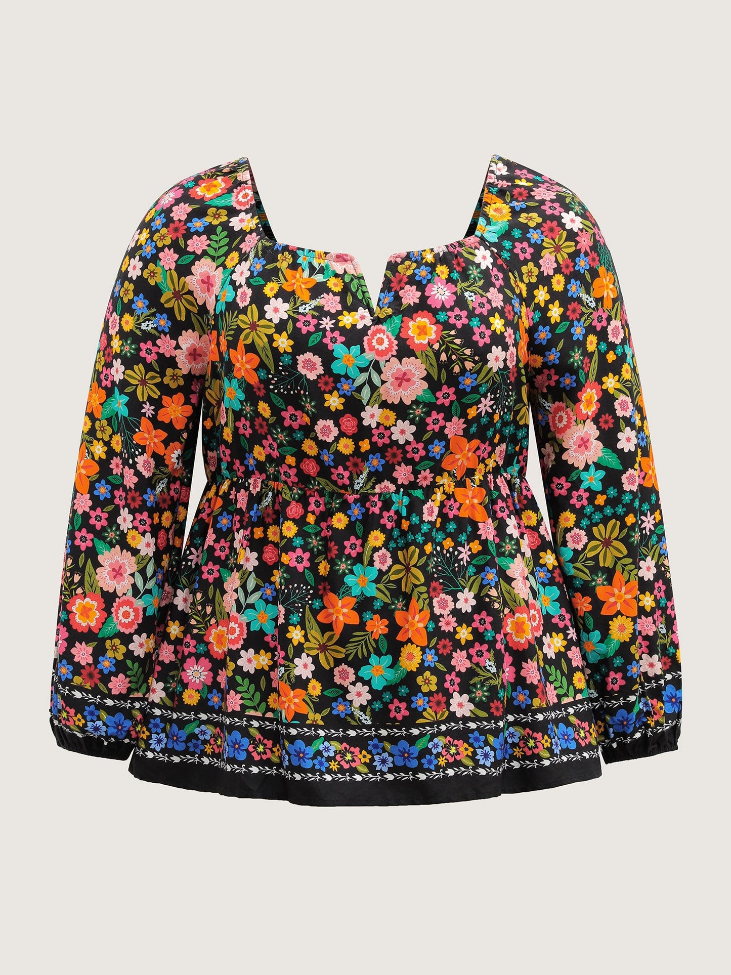 Colorful Floral Print Cinched-Flared Blouse