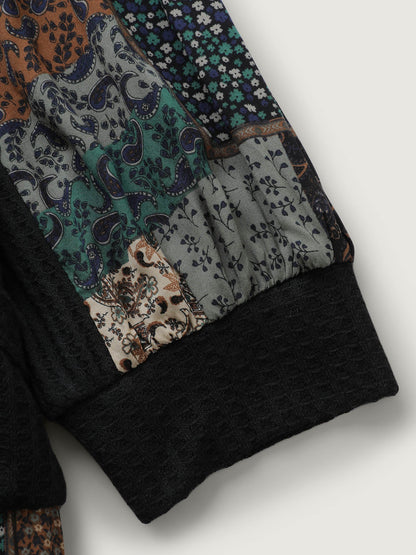 Textured Lace Trim Contrast Sleeve Sweatshirt