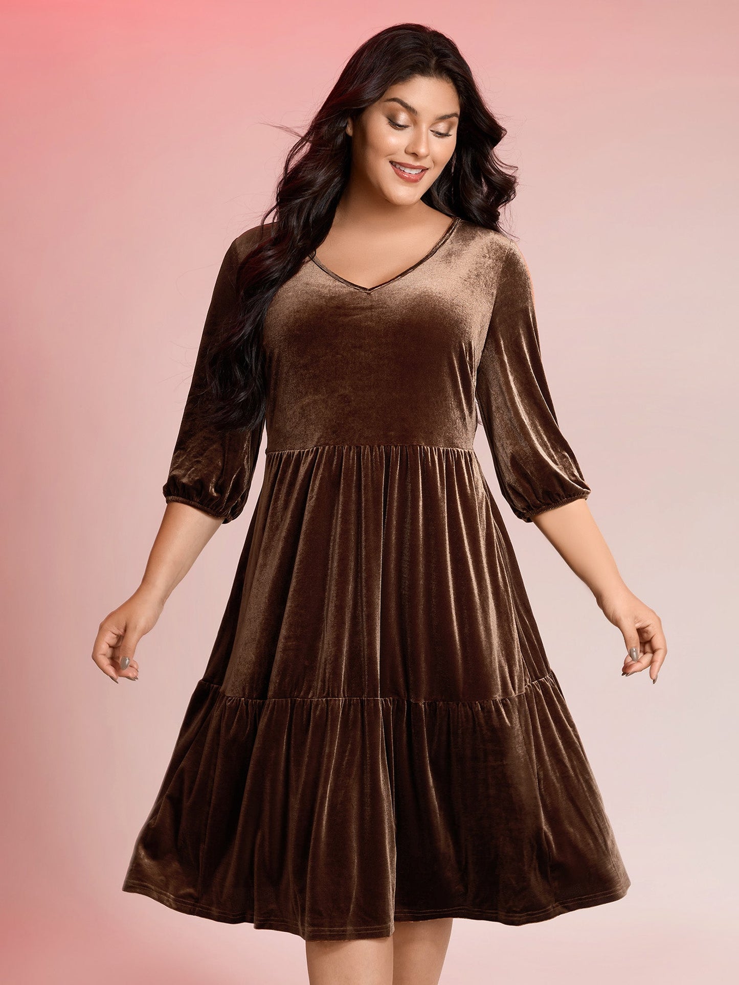 Velvet V-Neck Cinched-Waist Midi Dress