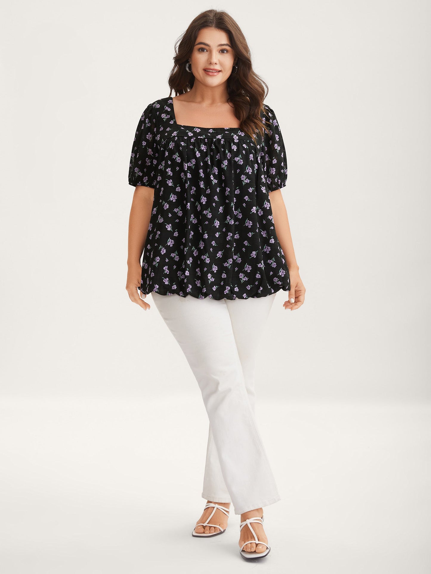Floral Fiesta Pleated Square Neck Blouse