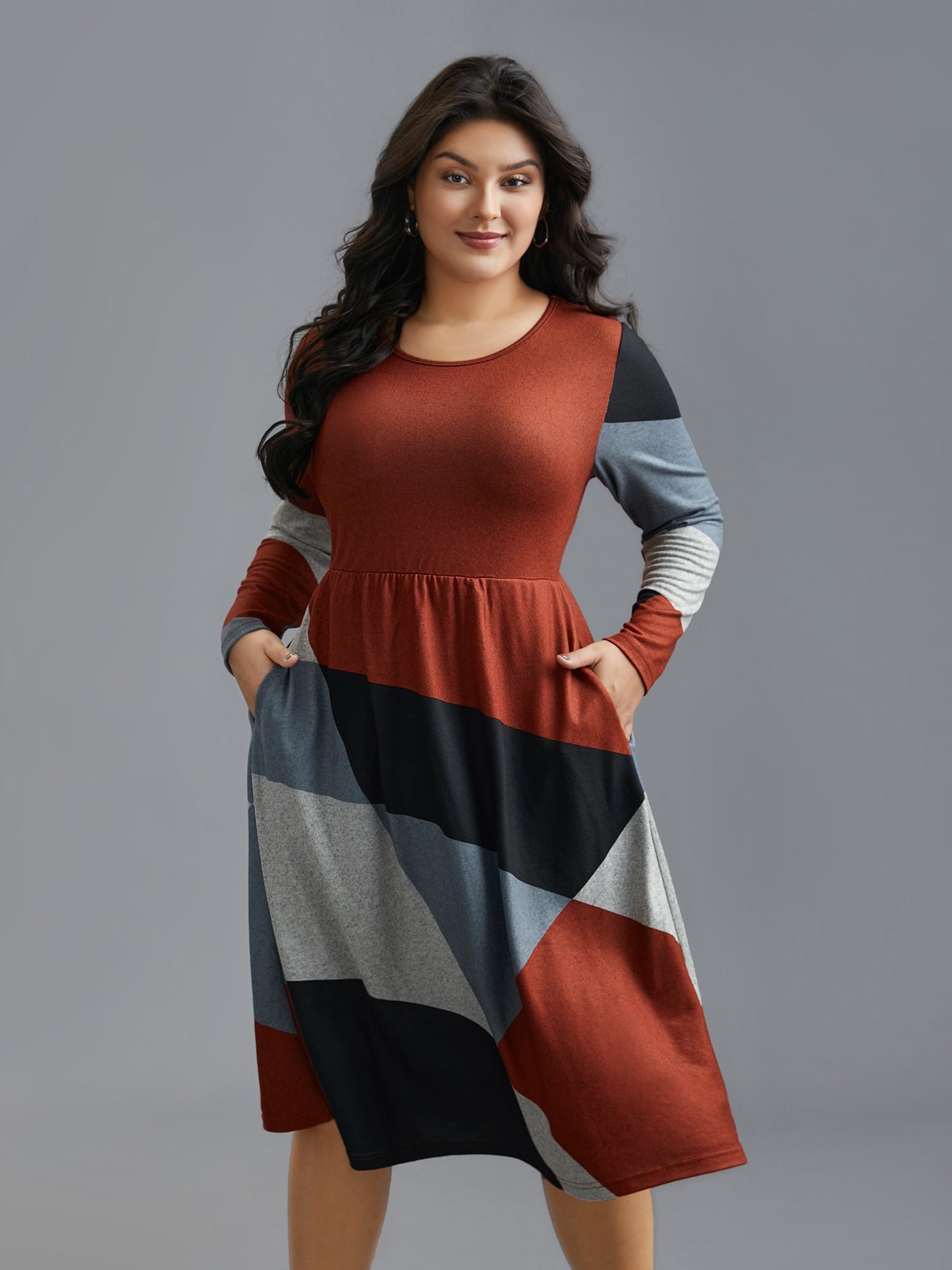 Round Neck Geometric Colorblock Contrast Dress