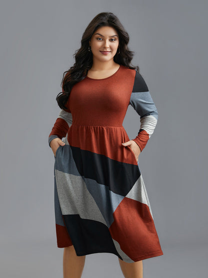 Round Neck Geometric Colorblock Contrast Dress