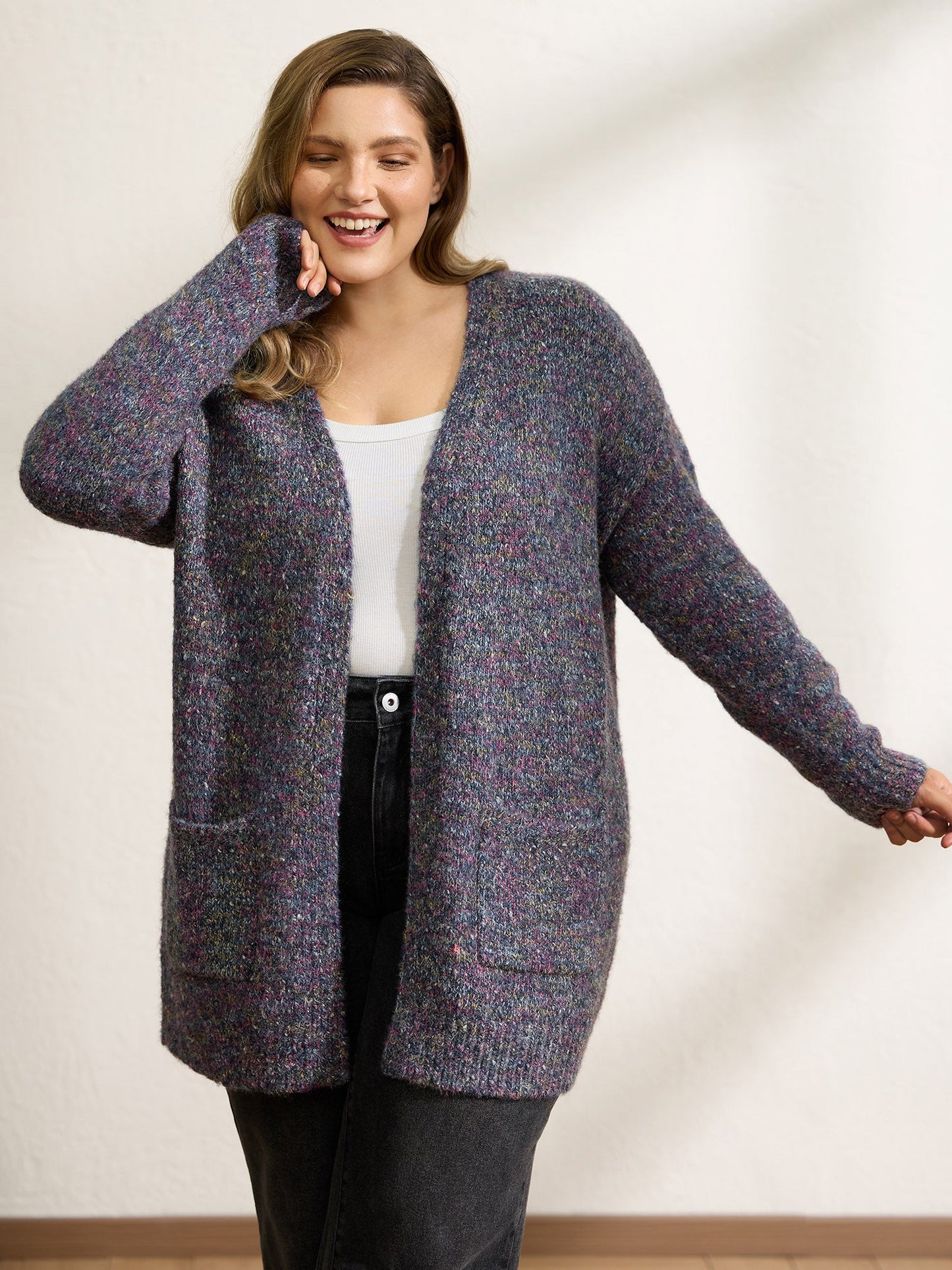 Heather Drop Shoulder Pockets Knit Cardigan