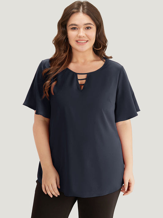 Plain Ruffle Sleeve Cut Out Blouse