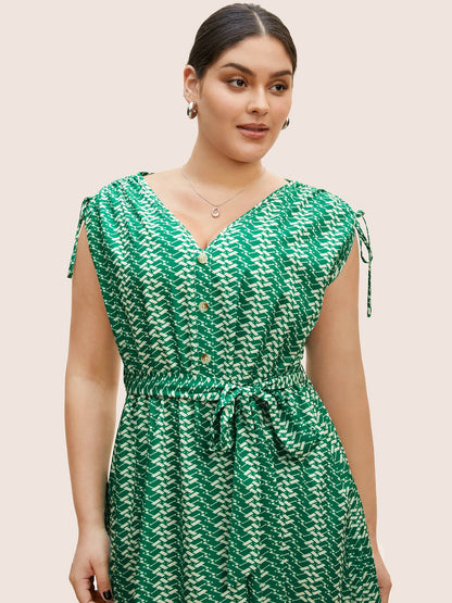 Geometric Drawstring Cap Sleeve Midi Dress