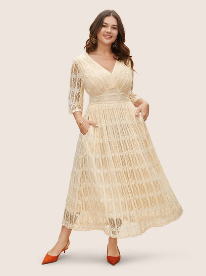 Solid Overlap Collar Lace Panel Dress
