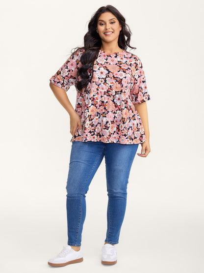 Floral Print Stretchy Waist Babydoll Top
