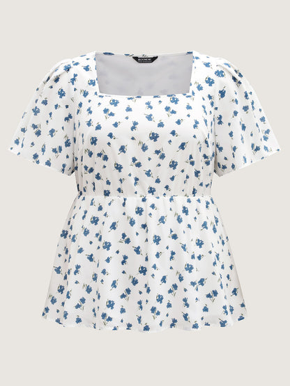 Delicate Floral Print Lotus Sleeve Blouse