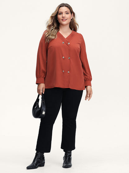 Pleated Neckline Metallic Buttons Blouse