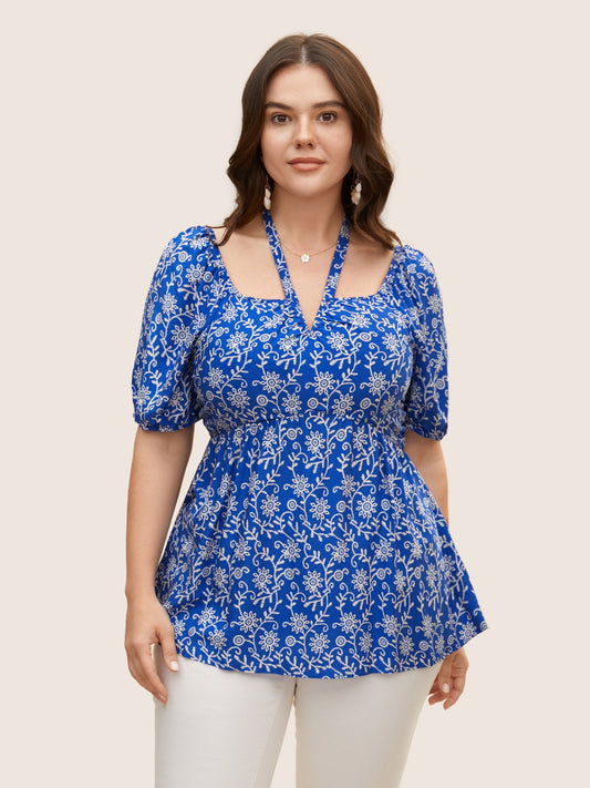 Bandana Print Notched Collar Lantern Sleeve Blouse
