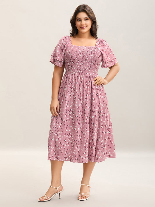 Floral Print Shirred Pockets Midi Dress