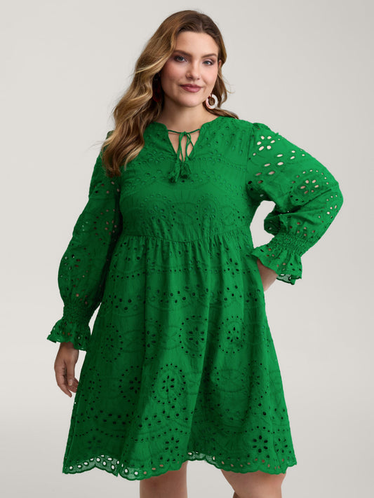 Eyelet Embroidery Shirred Cuffs Midi Dress