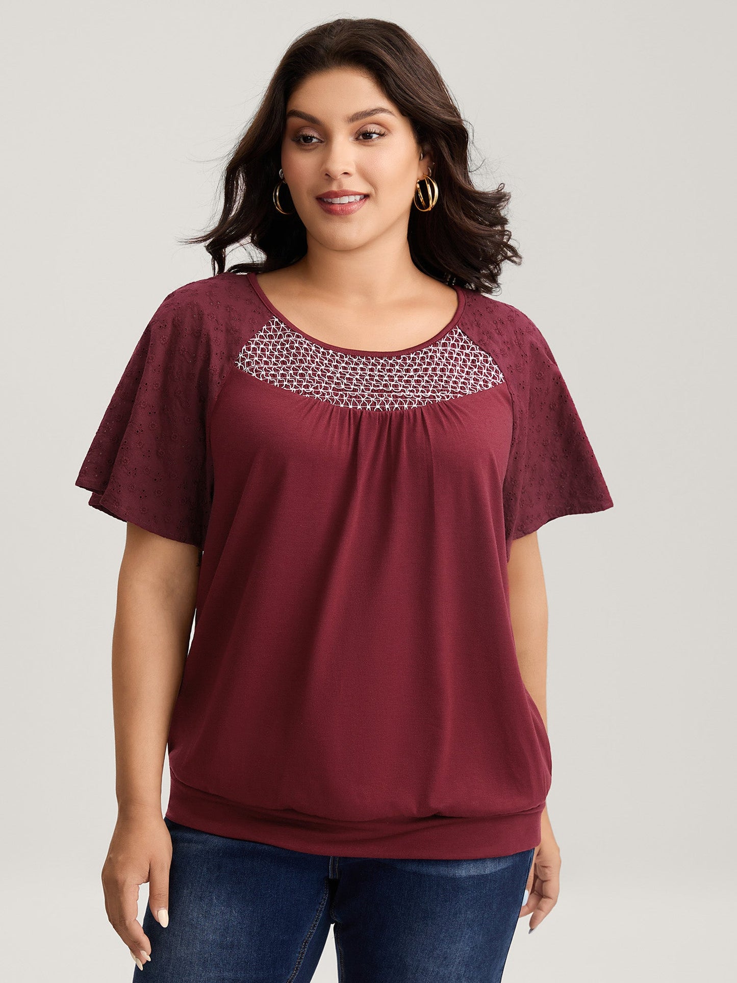 Textured Flared Sleeve Pleated Top