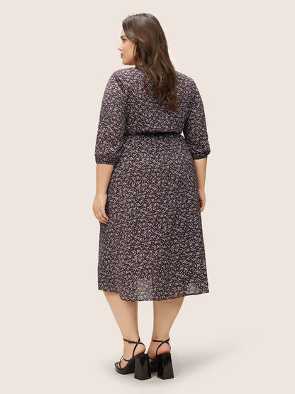 Ditsy Floral Keyhole Split Side Elastic Waist Dress