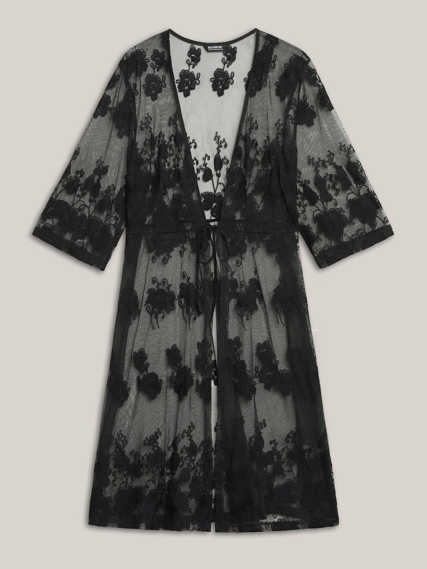 Sheer Lace Waist-Tie Kimono Cardigan