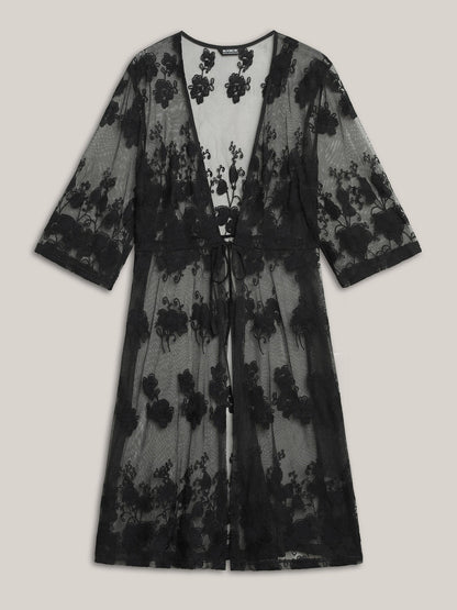 Sheer Lace Waist-Tie Kimono Cardigan
