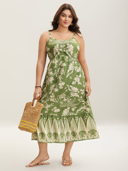 Tropical Print Tied Front Pockets Midi Dress
