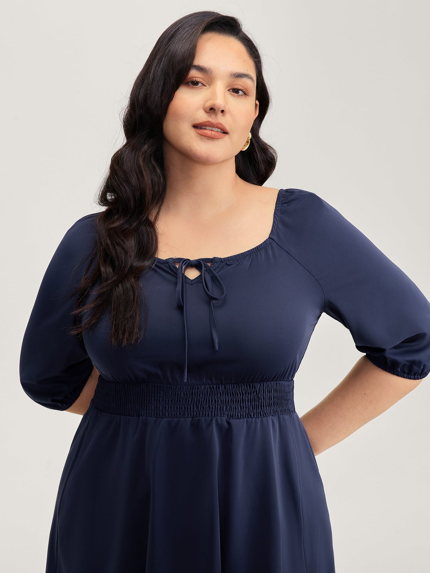 Neck-Tie Lantern Sleeve Shirred Midi Dress