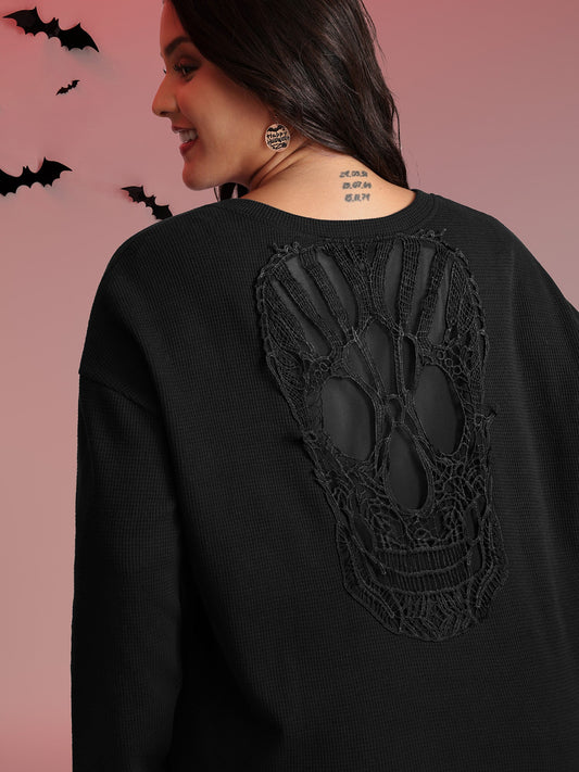 Sheer Lace Back Textured Sweatshirt