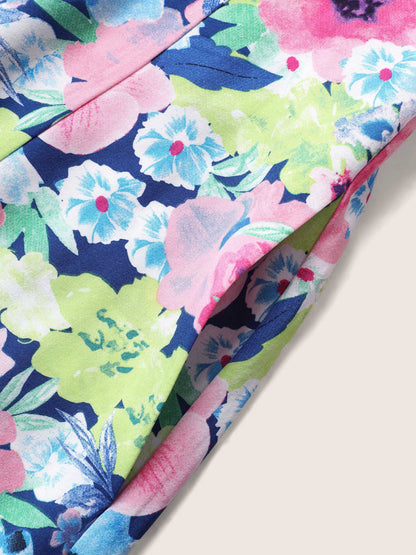 V Neck Watercolor Floral Pleated Maxi Dress
