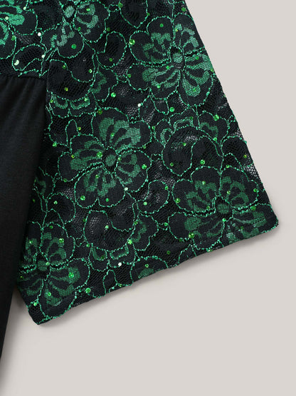 Lace Neck Sequins Color Contrast T-Shirt