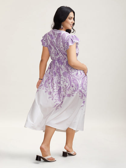 Paisley Print Notched Collar Ruffled Midi Dress