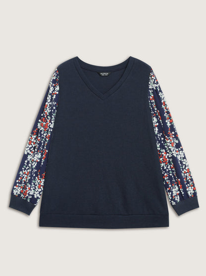 Textured Floral Sleeve V-Neck Sweatshirt