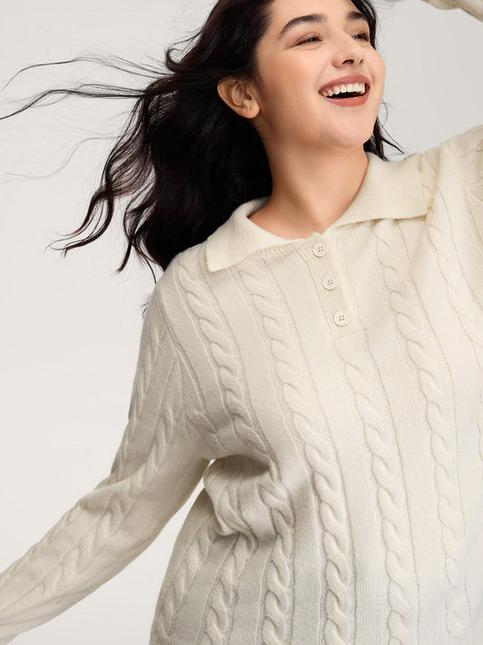 Supersoft Cable Knit Polo Collar Solid Pullover