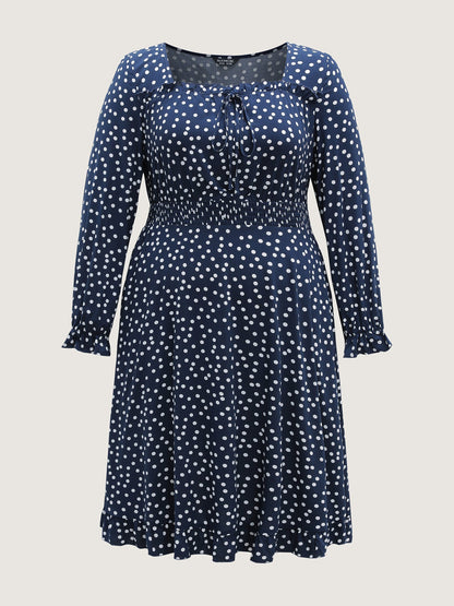 Polka Dots Shirred Drawstring Neck Midi Dress