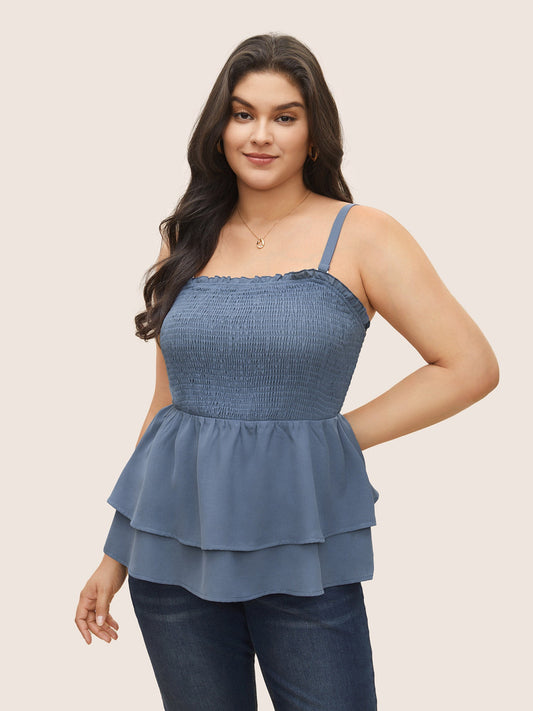 Solid Shirred Ruffle Layered Hem Cami Top