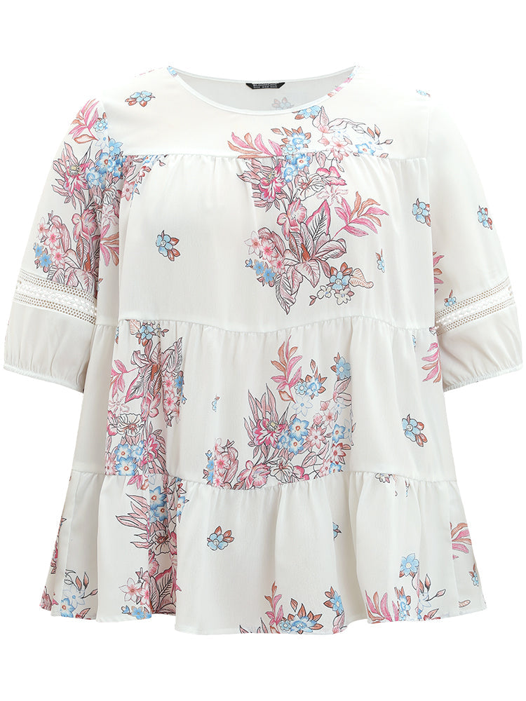 Floral Print Patchwork Ruffle Layered Hem Lantern Sleeve Blouse