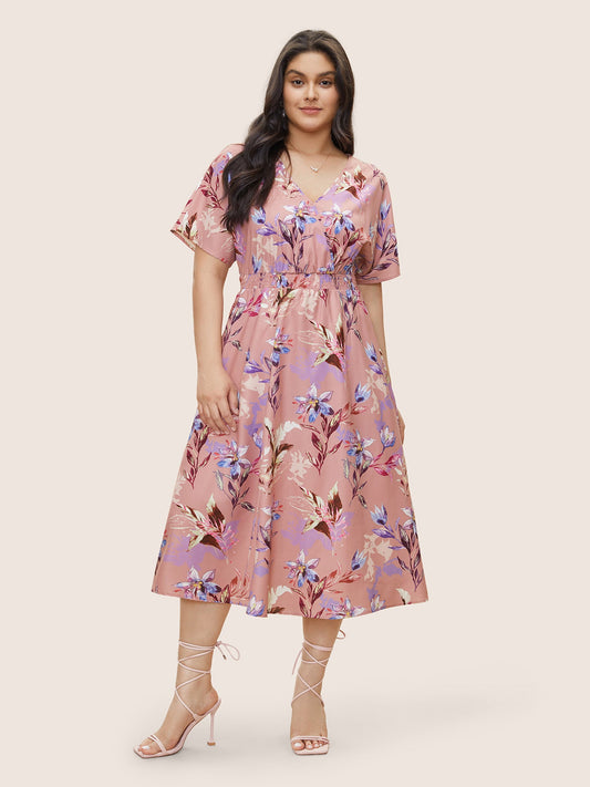 Floral Shirred Overlap Collar Elastic Waist Dress