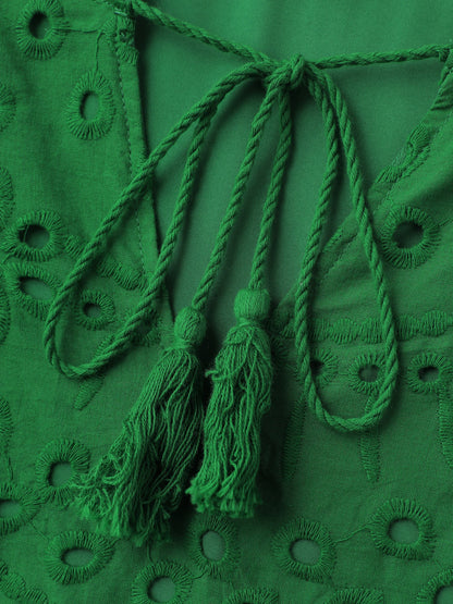Eyelet Embroidery Shirred Cuffs Midi Dress