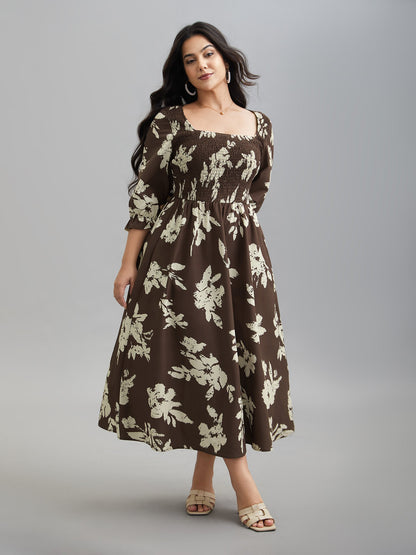 Leaf Print Square Neck Ruffled Shirred Midi Dress