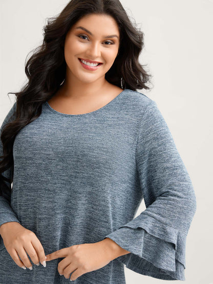 Stretchy Heather Layered Ruffle Sleeve T-Shirt